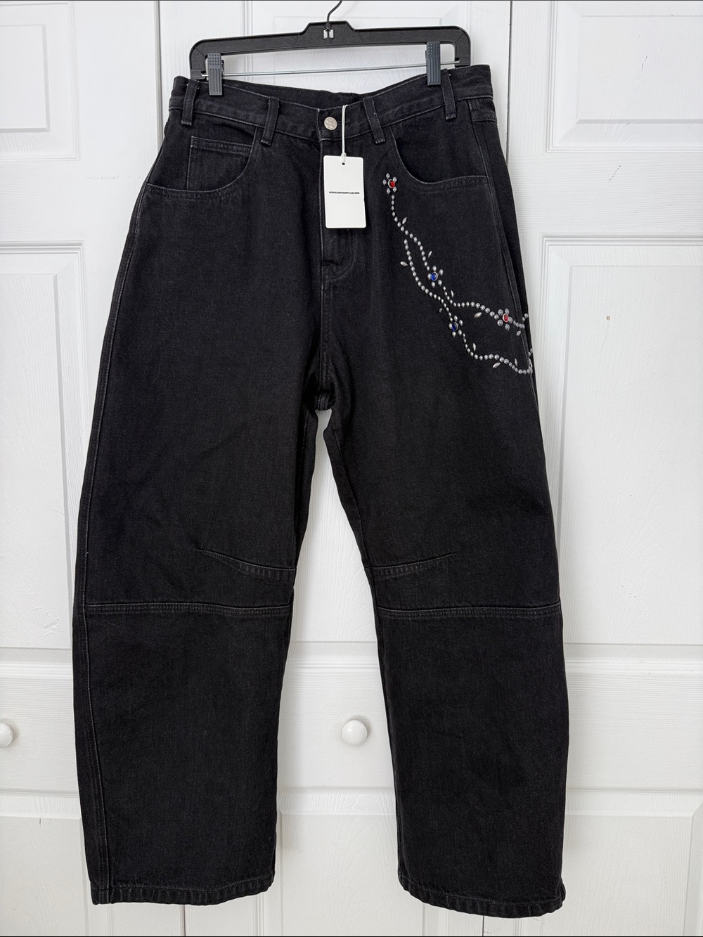 VANDYTHEPINK Cotton Black Wide-Leg Jeans with Crystal Embellishment Size M NWT